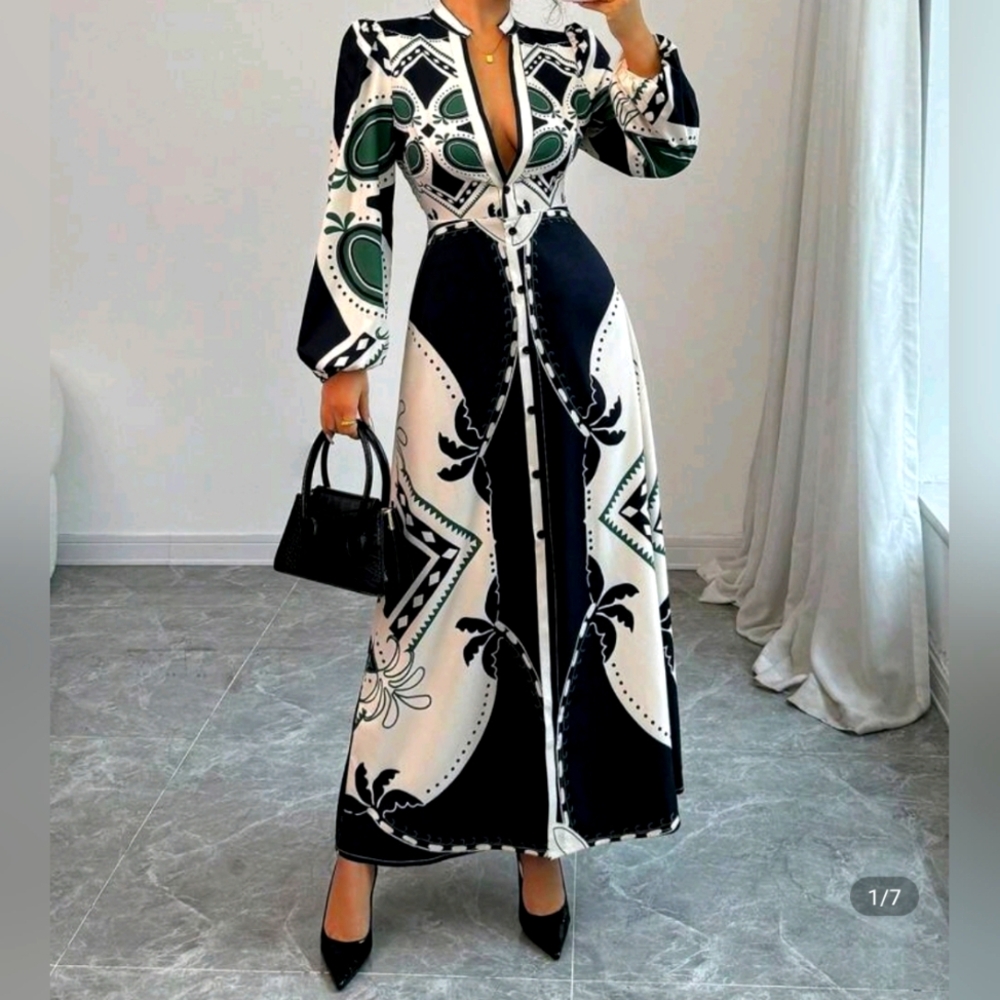 Elegant Black and White Patterned Maxi Dress